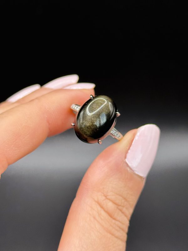 Bague Obsidienne dorée ajustable argent s925