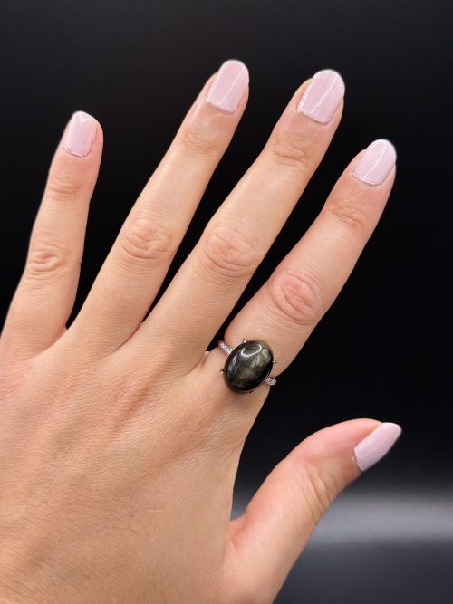 Bague Obsidienne dorée ajustable argent s925