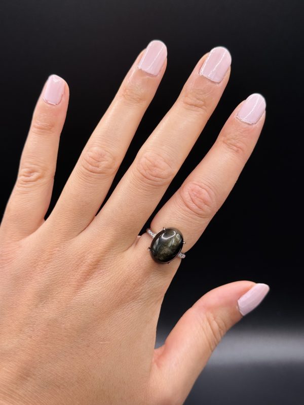 Bague Obsidienne dorée ajustable argent s925
