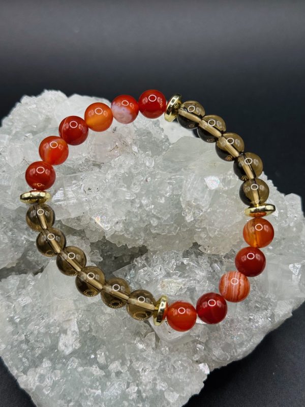 Bracelet Énergie & Ancrage – Quartz Fumé, Agate Rouge et Hématite Dorée (8mm) - 16cm