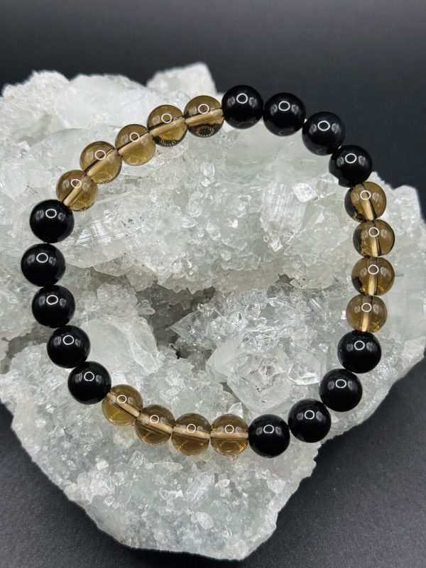 Bracelet Équilibre & Bouclier – Quartz Fumé et Obsidienne (8mm) - 18cm