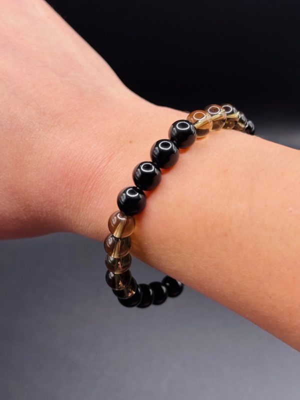Bracelet Équilibre & Bouclier – Quartz Fumé et Obsidienne (8mm) - 18cm