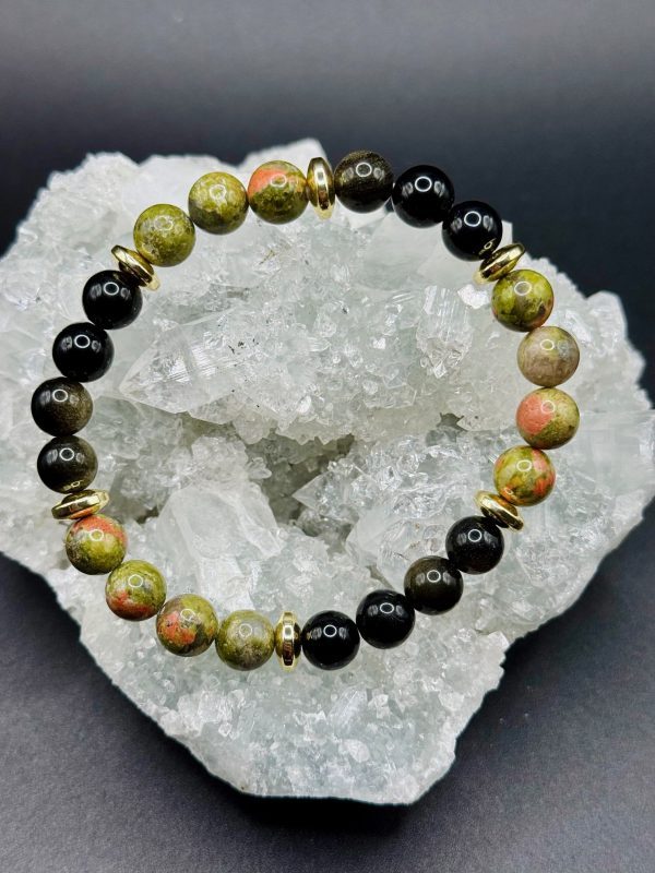 Bracelet Renaissance & Ancrage – Unakite, Obsidienne Dorée et Hématite Dorée (8mm) - 18cm