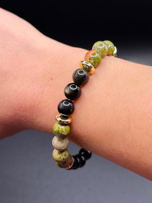 Bracelet Renaissance & Ancrage – Unakite, Obsidienne Dorée et Hématite Dorée (8mm) - 18cm