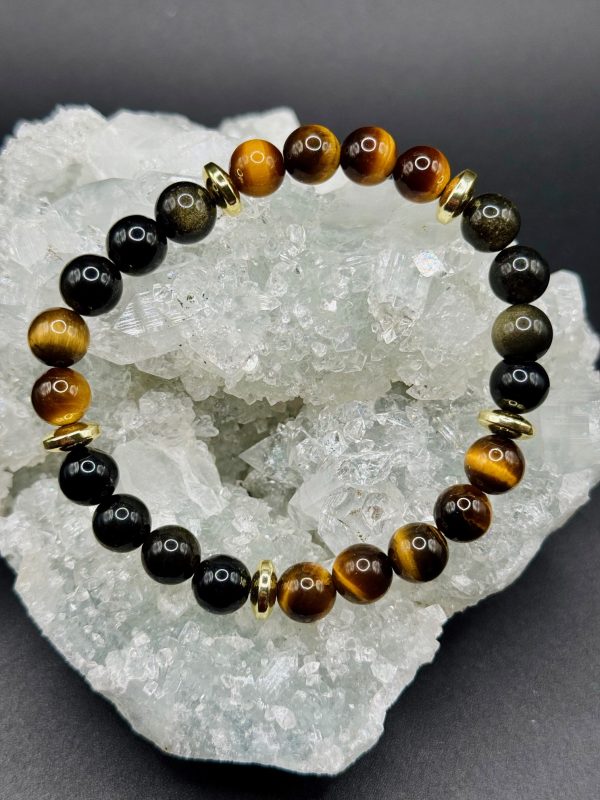 Bracelet Bouclier Solaire – Œil de Tigre, Obsidienne Dorée et Hématite Dorée (8mm) - 17cm