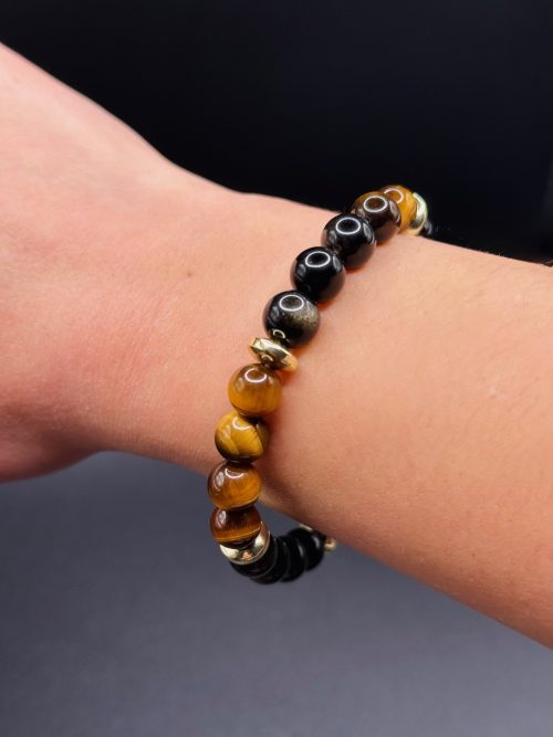 Bracelet Bouclier Solaire – Œil de Tigre, Obsidienne Dorée et Hématite Dorée (8mm) - 17cm