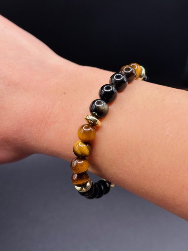 Bracelet Bouclier Solaire – Œil de Tigre, Obsidienne Dorée et Hématite Dorée (8mm) - 17cm