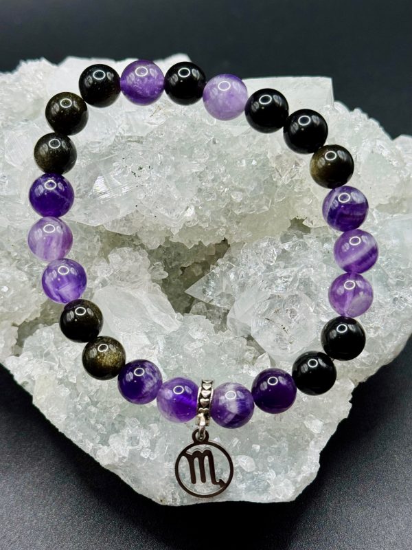Bracelet Signe Astro Scorpion – Améthyste Chevron & Obsidienne Dorée (8mm) – 17cm