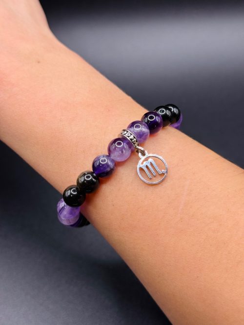 Bracelet Signe Astro Scorpion – Améthyste Chevron & Obsidienne Dorée (8mm) – 17cm