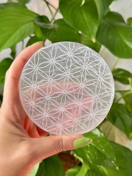 Plaque ronde purification rechargement en sélénite motif fleur de vie Maroc minéraux cristaux pierres naturelles lithothérapie Plaque Ronde en Sélénite du Maroc – Motif Fleur de Vie