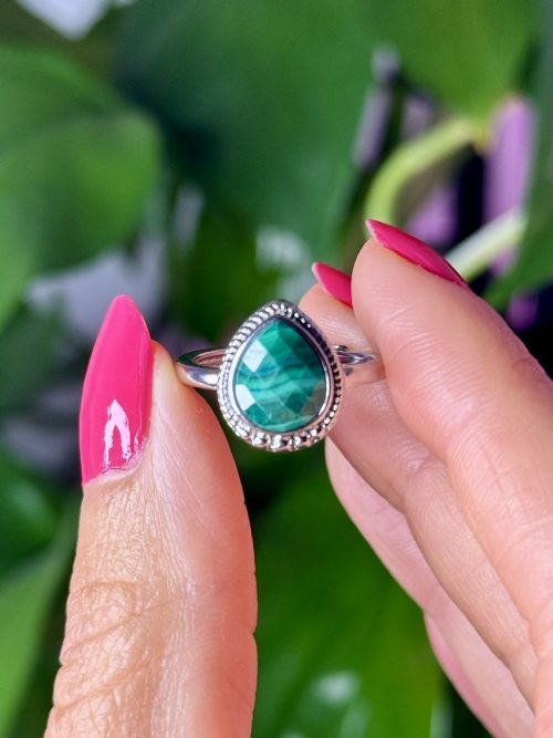 Bague ajustable laiton rhodié en pierre naturelle Malachite Bague ajustable en Malachite facettée N.2
