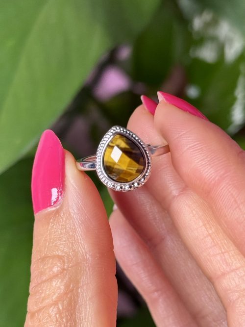 Bague ajustable laiton rhodié en pierre naturelle Oeil de tigre Bague ajustable en Œil de tigre facettée